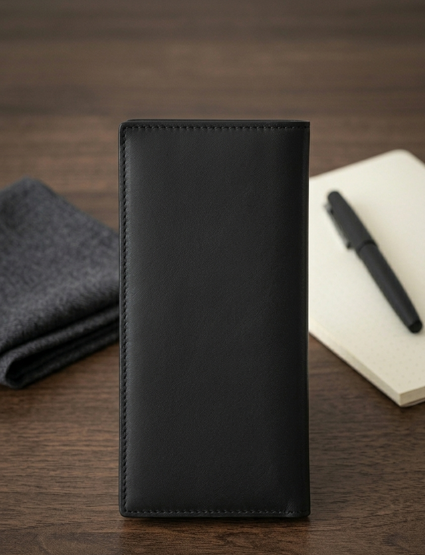 Black leather wallet on a wooden surface with a pen and notebook.